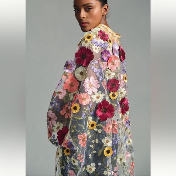 New Anthropologie Self Contrast Floral Appliqué Duster One Size - Picture 9 of 11